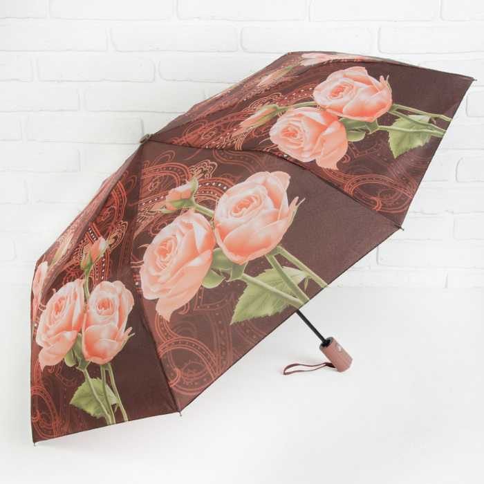 Зонт полуавтоматический "Нежные розы", R=49см, цвет коричневый/персиковый