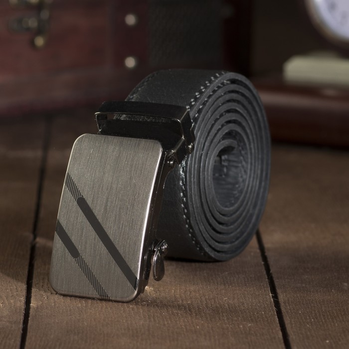 Ремень мужской, винт, пряжка автомат под тёмный металл, ширина - 3,5 см, цвет чёрный гладкий