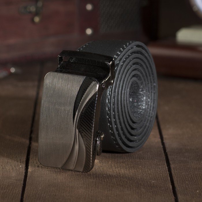 Ремень мужской, винт, пряжка автомат под тёмный металл, ширина - 3,5 см, цвет чёрный гладкий