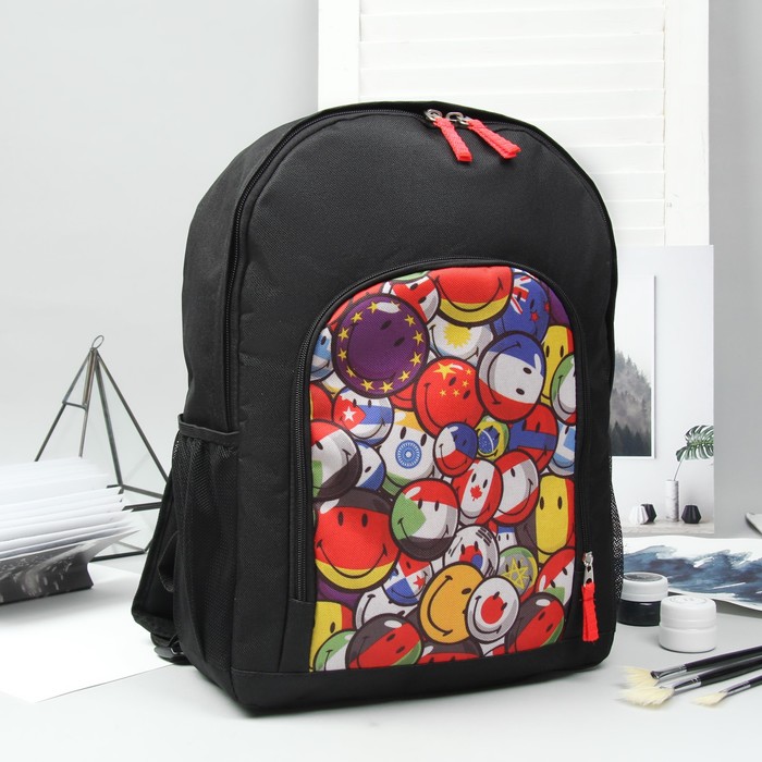 Рюкзак молодёжный "Смайлики", отдел на молнии, наружный карман, цвет чёрный