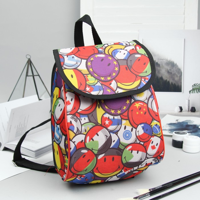 Рюкзак детский "Смайлики", отдел на клапане, цвет красный/жёлтый