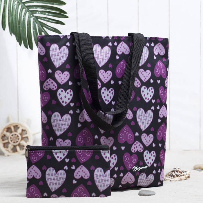 Сумка летняя с косметичкой "Сердечки", отдел на молнии, цвет чёрный