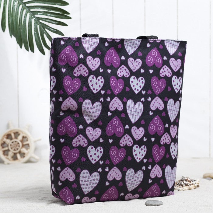 Сумка летняя с косметичкой "Сердечки", отдел на молнии, цвет чёрный