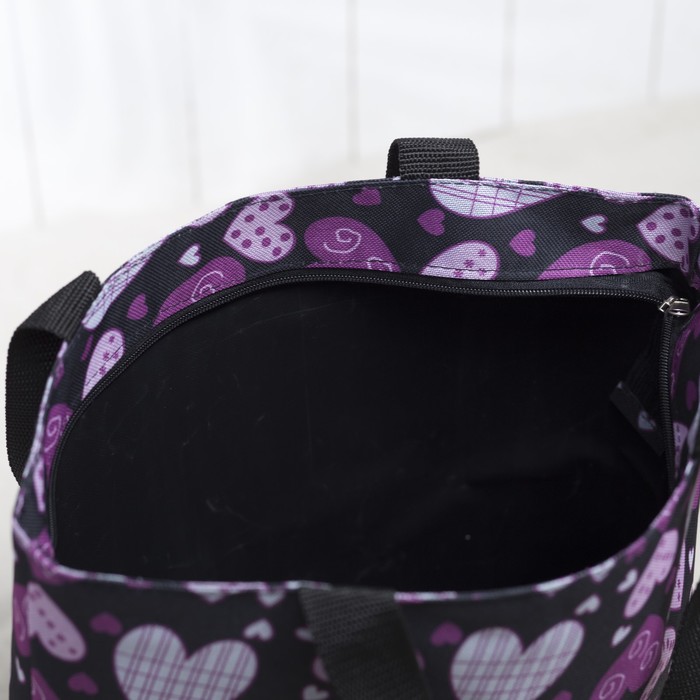 Сумка летняя с косметичкой "Сердечки", отдел на молнии, цвет чёрный