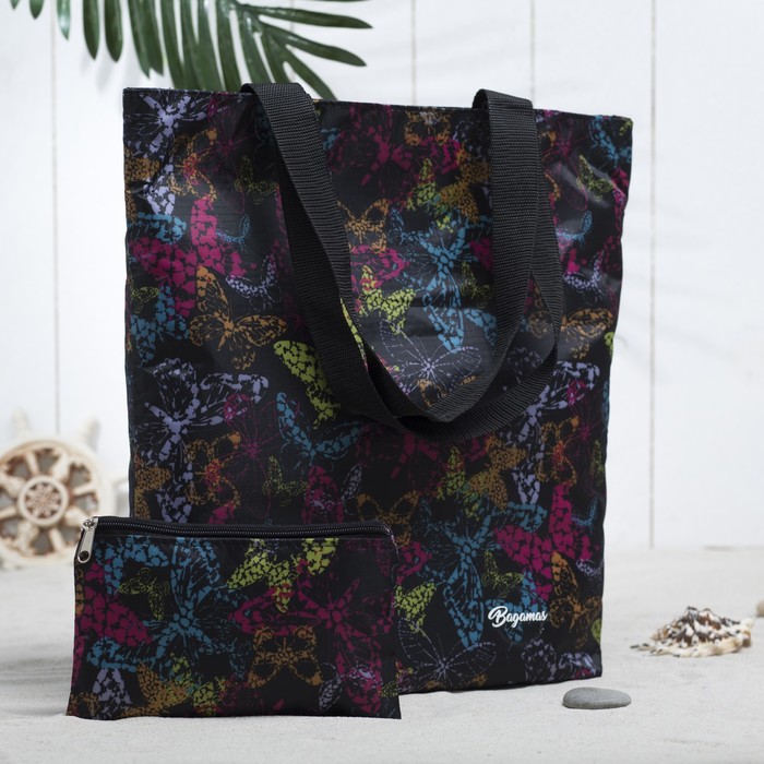 Сумка летняя с косметичкой "Бабочки", отдел на молнии, принт чёрный/цветной