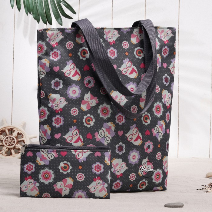 Сумка летняя с косметичкой "Совы в очках", отдел на молнии, цвет серый