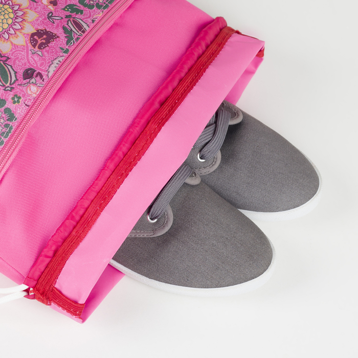 Сумка-мешок для обуви "Цветы", наружный карман на молнии, цвет розовый