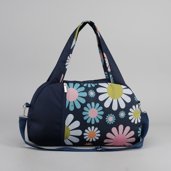 Сумка спортивная для фитнеса "Ромашки", отдел на молнии, наружный карман, принт синий/цветной