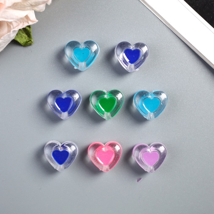 Набор бусин для творчества пластик "Цветное сердце внутри прозрачного" 15 гр 1,7х1,7 см