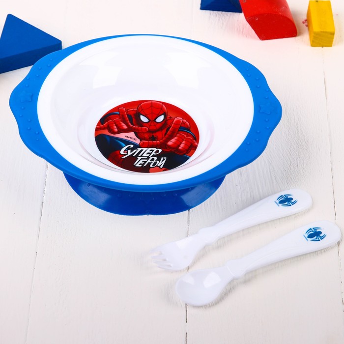 Набор посуды "Супергерой" Человек-паук, тарелка на присоске, вилка, ложка