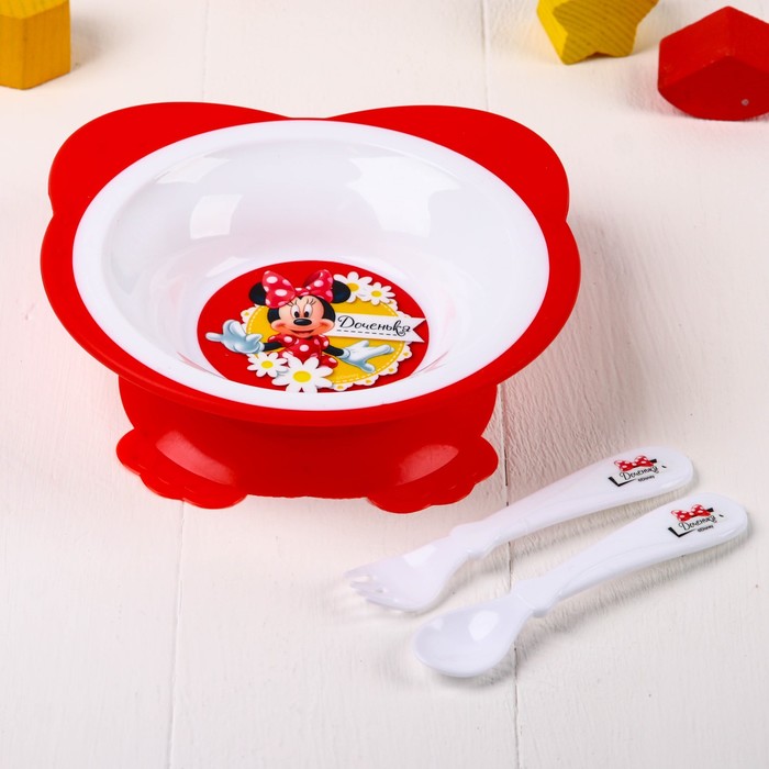 Набор посуды "Доченька" Минни Маус, тарелка на присоске, вилка, ложка