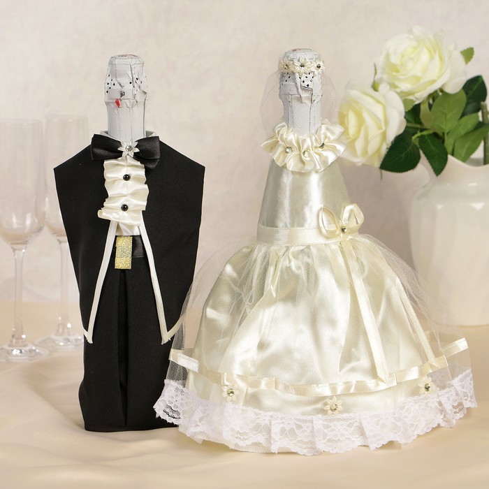 Украшение на шампанское, платье+фрак, айвори