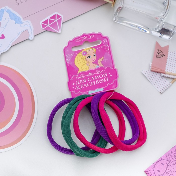 Резинка для волос "Спорт" (набор 6 шт) 5,5 см, фиолетовый, зелёный, малиновый