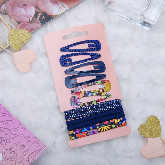 Набор для волос "Летний день" 6 резинок, 6 невидимок 5 см синий