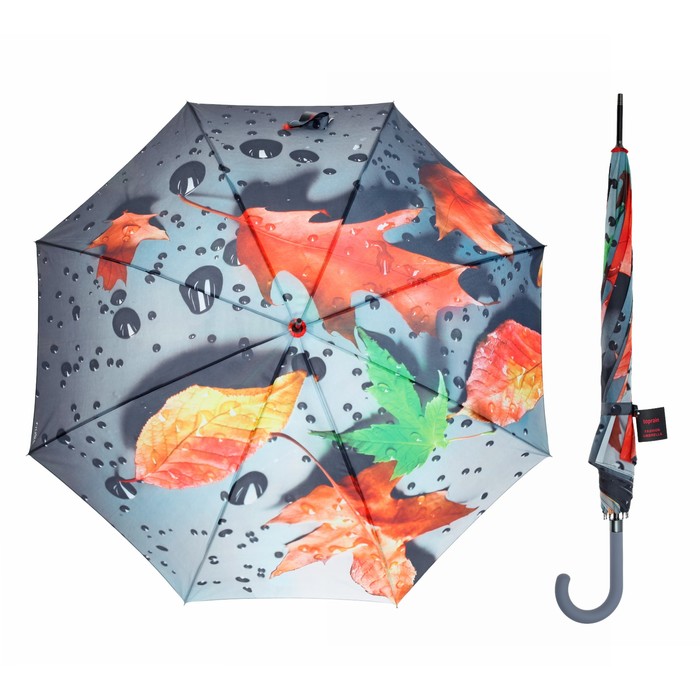 Зонт-трость "Романтичная осень", полуавтоматический, R=53см, цвет серый/оранжевый