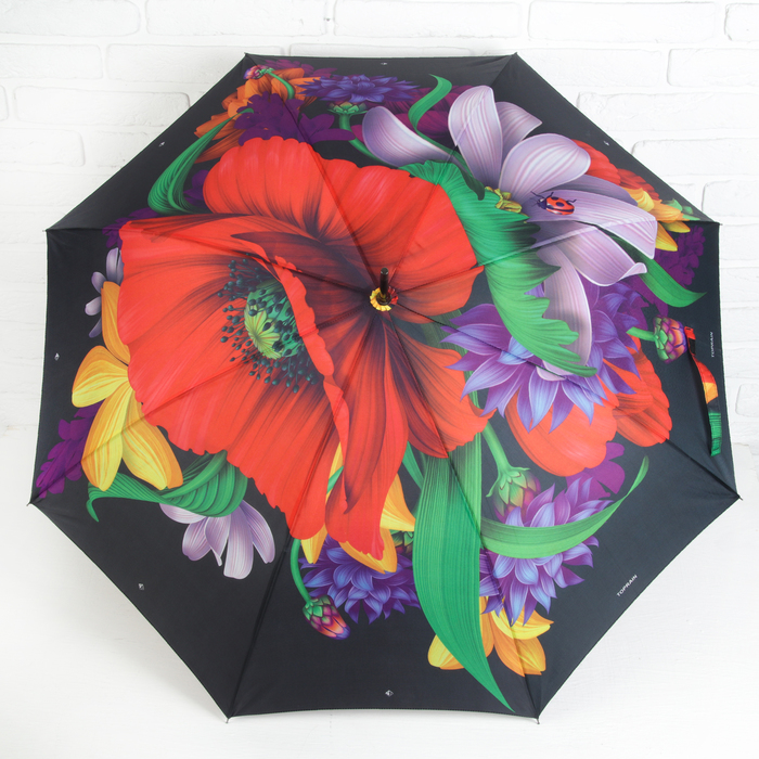 Зонт-трость "Яркий букет", полуавтоматический, R=53см, цвет чёрный/красный