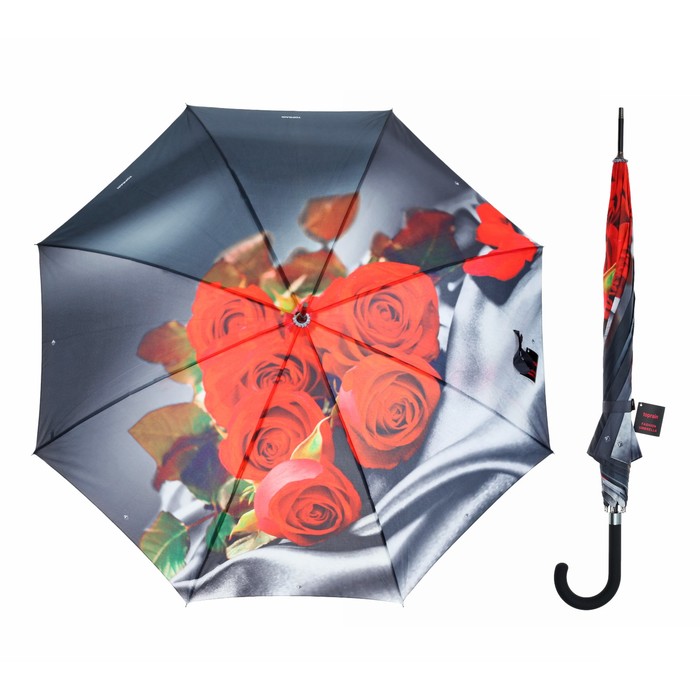 Зонт-трость "Романтичные розы", полуавтоматический, R=53см, цвет чёрный/красный