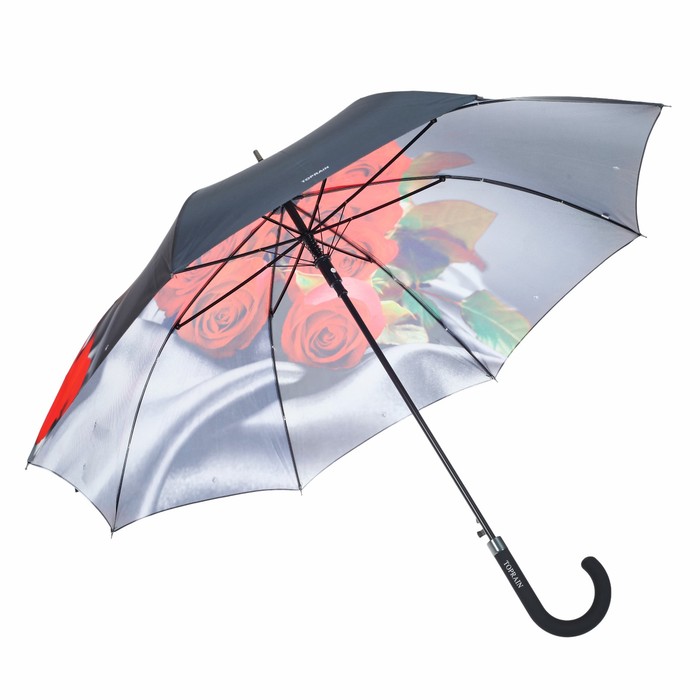 Зонт-трость "Романтичные розы", полуавтоматический, R=53см, цвет чёрный/красный