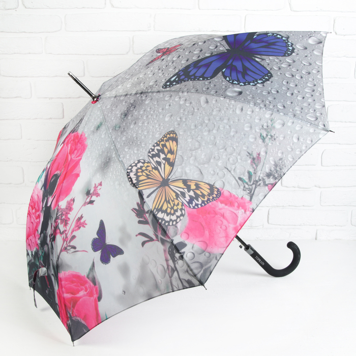 Зонт-трость "Осенний сад", полуавтоматический, R=53см, цвет серый/розовый