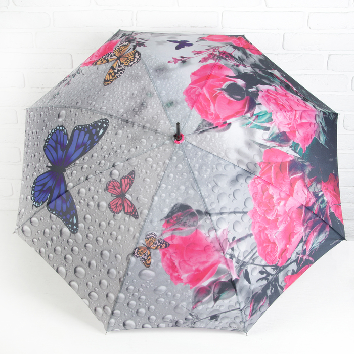 Зонт-трость "Осенний сад", полуавтоматический, R=53см, цвет серый/розовый