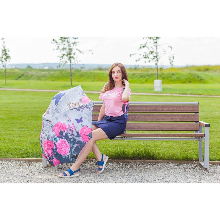 Зонт-трость "Осенний сад", полуавтоматический, R=53см, цвет серый/розовый