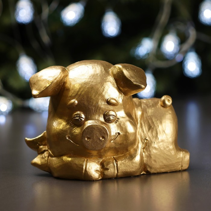 Копилка "Поросенок лежачий с бантом малый"12х17см золото