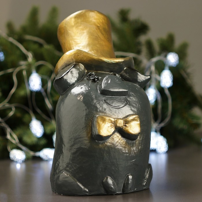 Копилка "Свинья с цилиндром" 35см черный с золотом