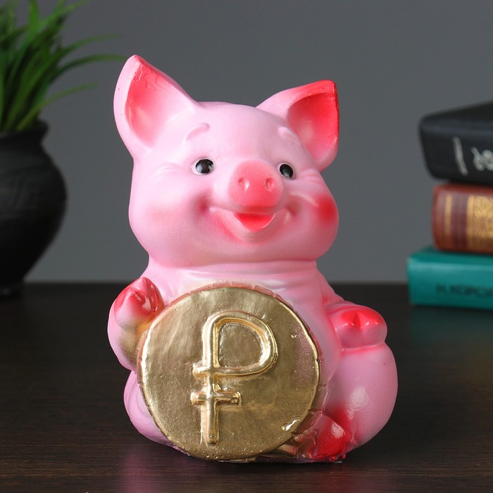 Копилка "Поросенок с монетой "РУБЛЬ" розовый 18см
