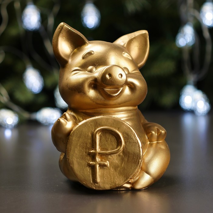 Копилка "Поросенок с монетой "РУБЛЬ" золотой 18см