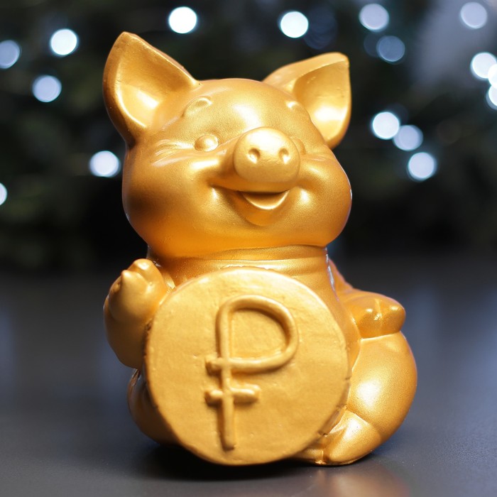 Копилка "Поросенок с монетой "РУБЛЬ" золотой 18см