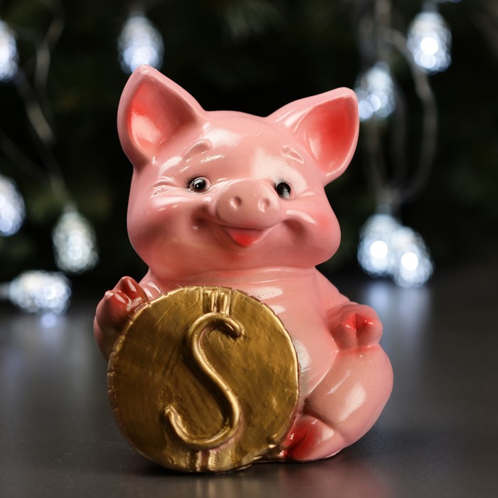Копилка "Поросенок с монетой "ДОЛЛАР" розовый 18см
