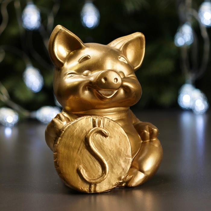 Копилка "Поросенок с монетой "ДОЛЛАР" золотой 18см