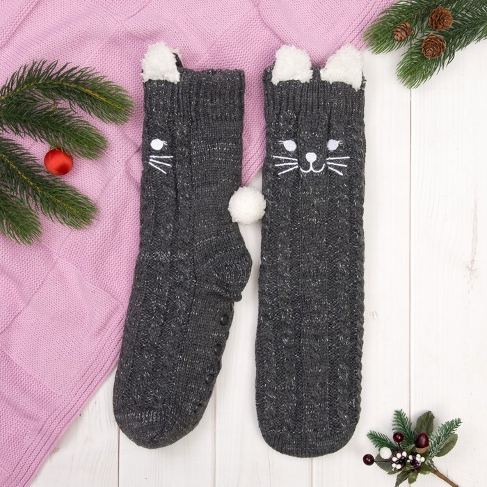 Носки высокие "Серый котик", цвет тёмно-серый