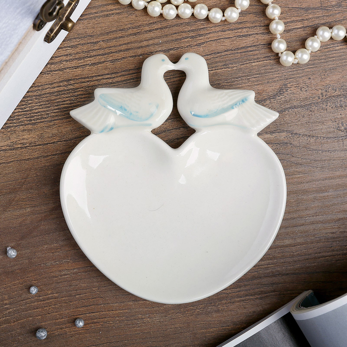 Блюдце для колец "Сердце с голубями", фарфор