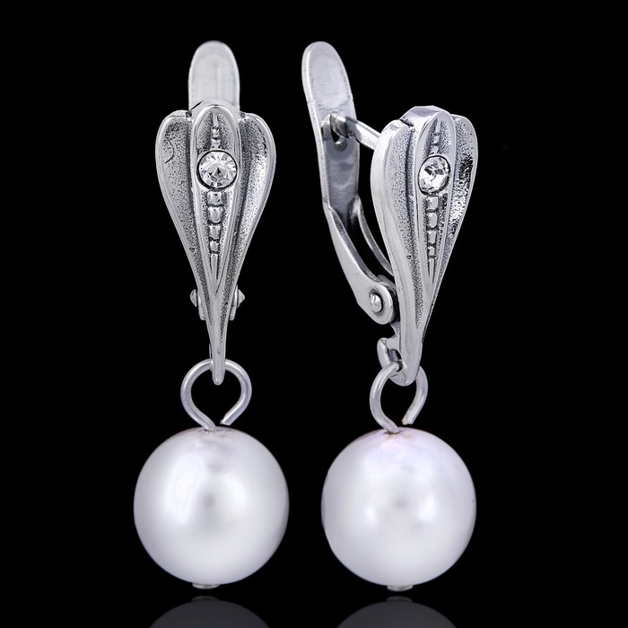 Серьги "Жемчужные 9", цвет белый в чернёном серебре