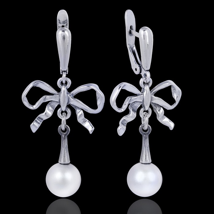 Серьги "Реньяр-жемчуг", цвет белый в чернёном серебре