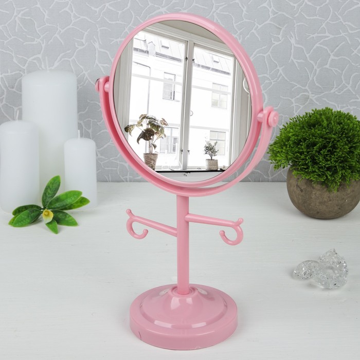 Зеркало на ножке, круглое, двустороннее, без увеличения, с крючками, цвет МИКС