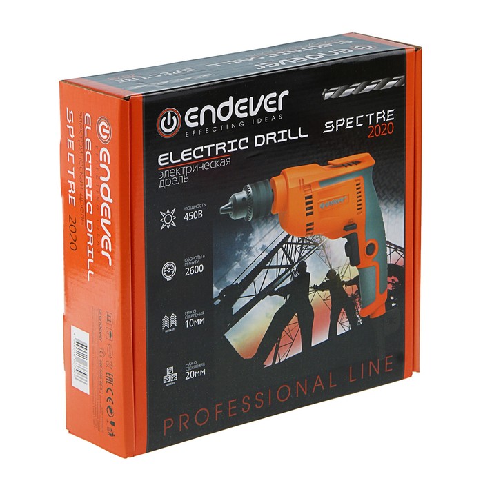 Электрическая дрель Endever Spectre-2020, 450 Вт, 2600 об/мин, безударная