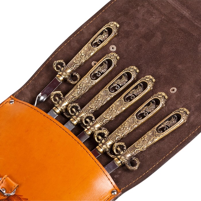 Шампуры подарочные 6 шт. в колчане из натуральной кожи