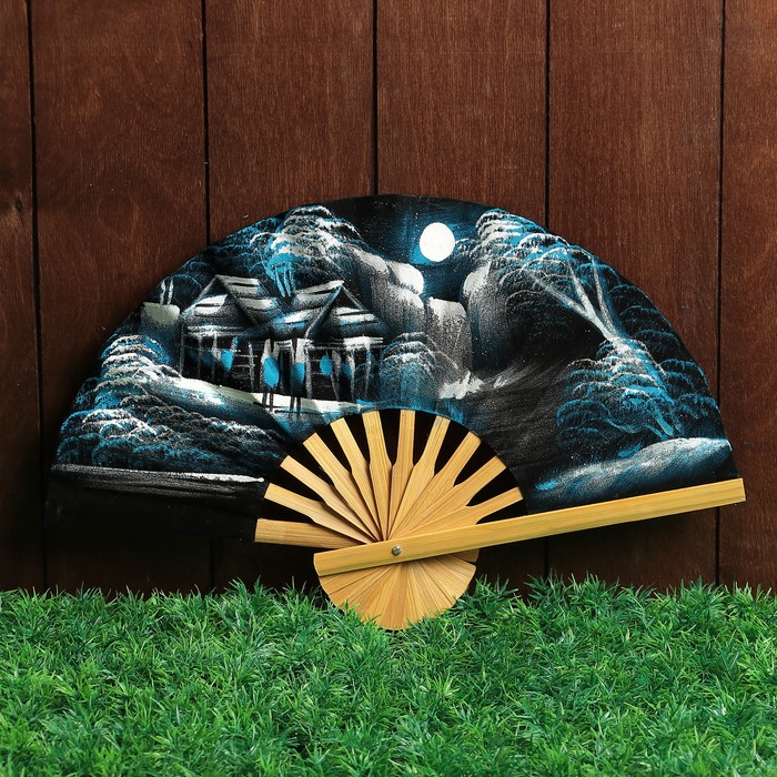 Веер бамбук с блестками "Плантация" синий фон 25 см