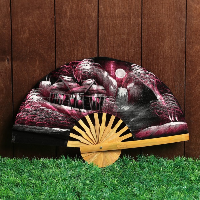 Веер бамбук с блестками "Плантация" фиолетовый фон 25 см