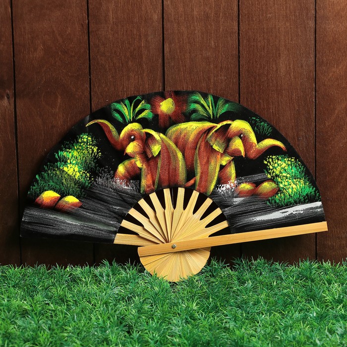 Веер бамбук с блестками "Два слоника" 25 см