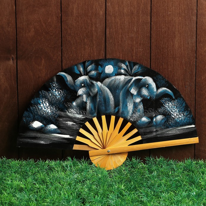 Веер бамбук с блестками "Два слоника" синий фон 25 см