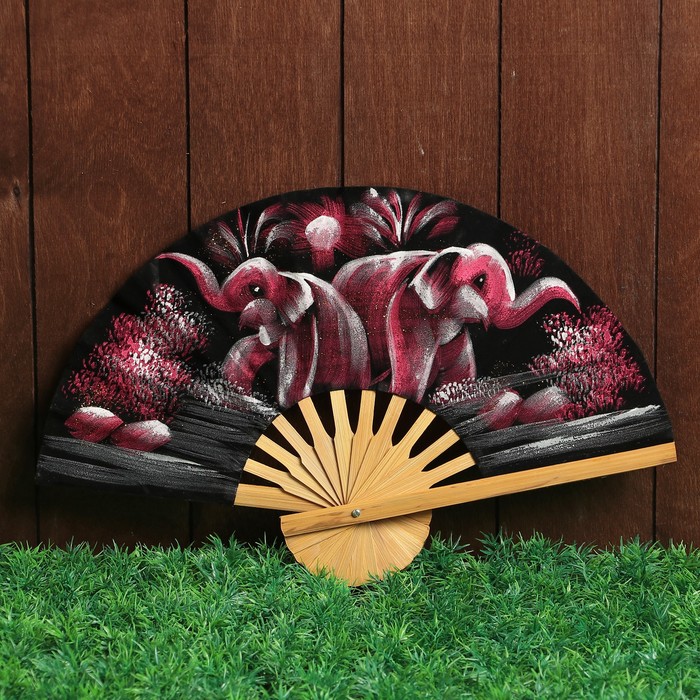 Веер бамбук с блестками "Два слоника" фиолетовый фон 25 см