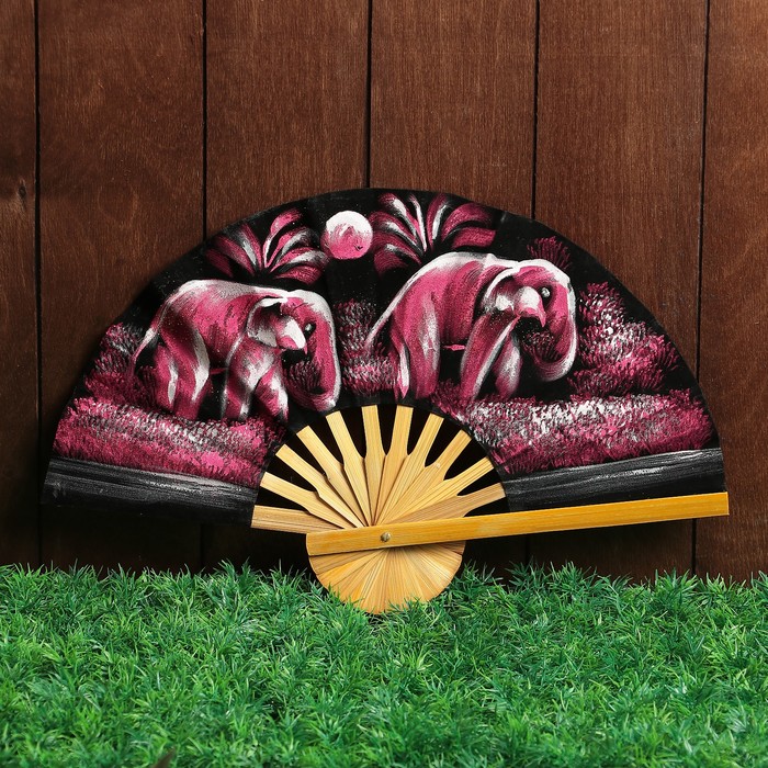 Веер бамбук с блестками "Два слоника друг за другом" фиолетовый фон 25 см