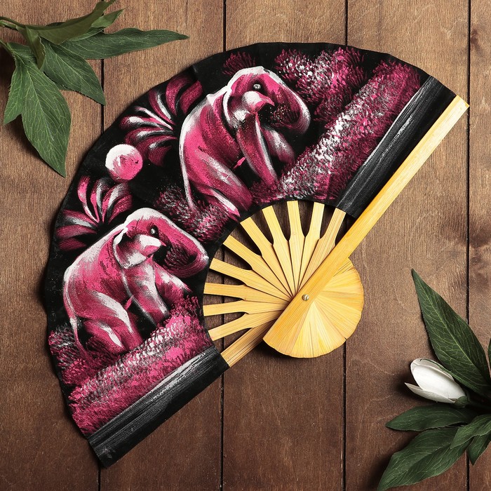 Веер бамбук с блестками "Два слоника друг за другом" фиолетовый фон 25 см