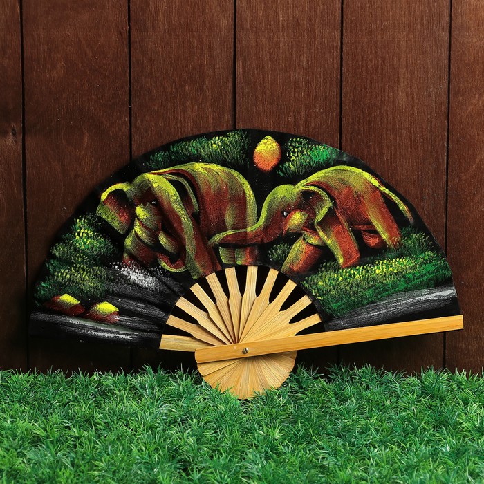 Веер бамбук с блестками "Слоники плескаются" 25 см