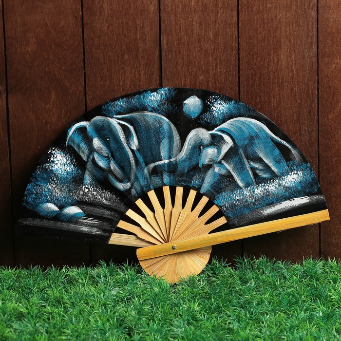 Веер бамбук с блестками "Слоники плескаются" синий фон 25 см