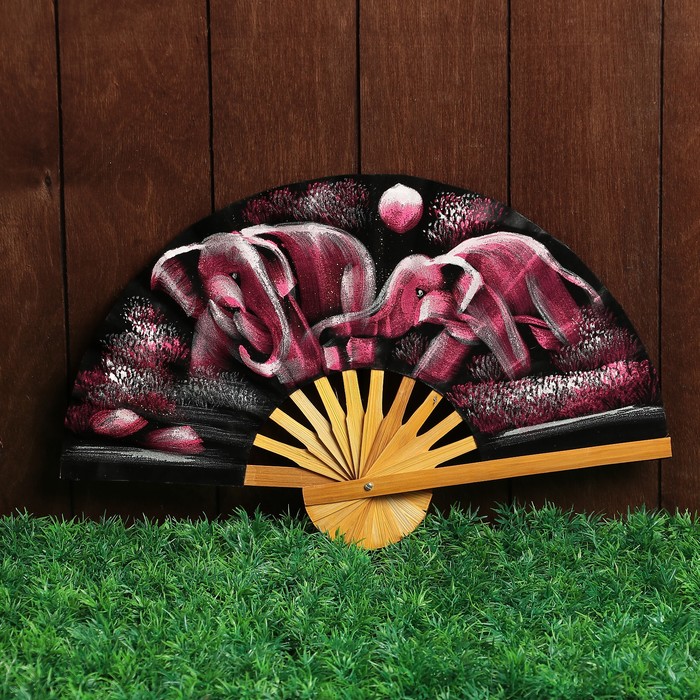 Веер бамбук с блестками "Слоники плескаются" фиолетовый фон 25 см