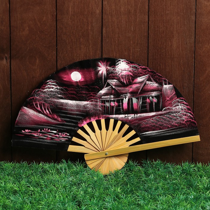 Веер бамбук с блестками "Деревушка" фиолетовый фон 25 см